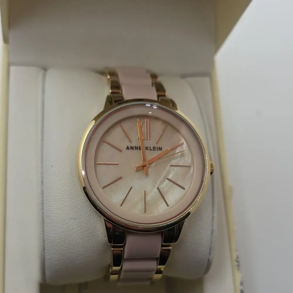 Anne Klein Women’s Analog Watch Pink Dial Gold-Tone Bracelet Roman Numerals Box
